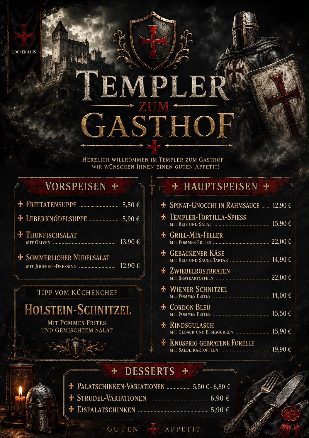 Speisekarte Suppen, Salate, Fischgerichte, Hauptgerichte, Beilagen und Desserts